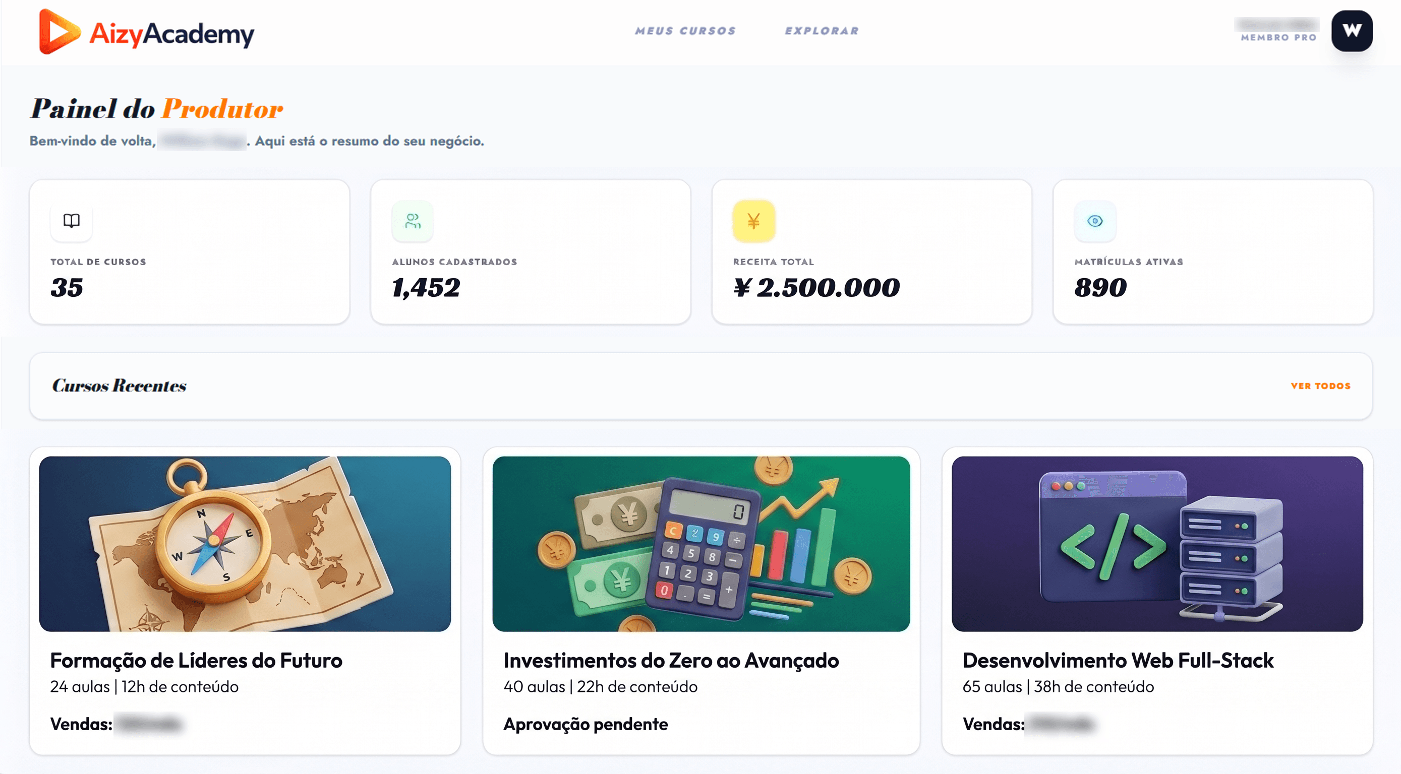 Screenshot real do dashboard da Aizy Academy