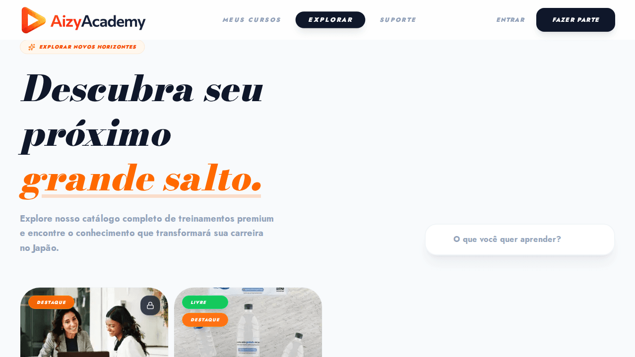 Screenshot real da área explorar cursos da Aizy Academy