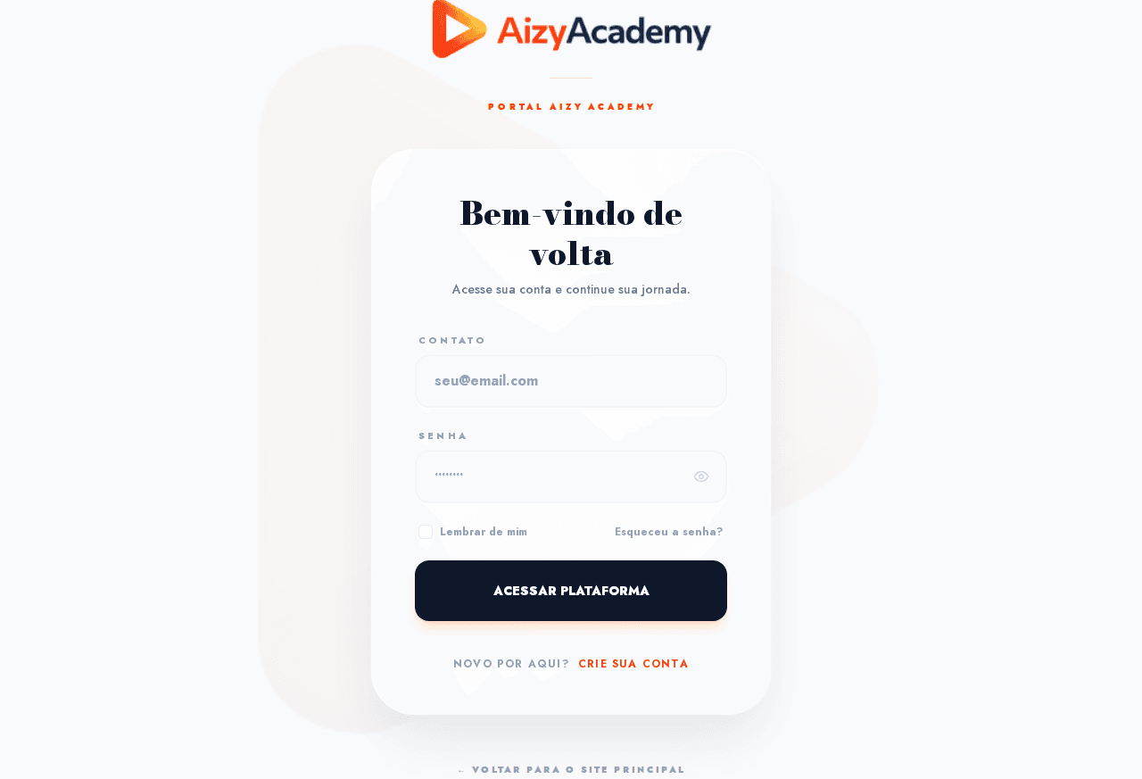 Screenshot real da tela de login da Aizy Academy